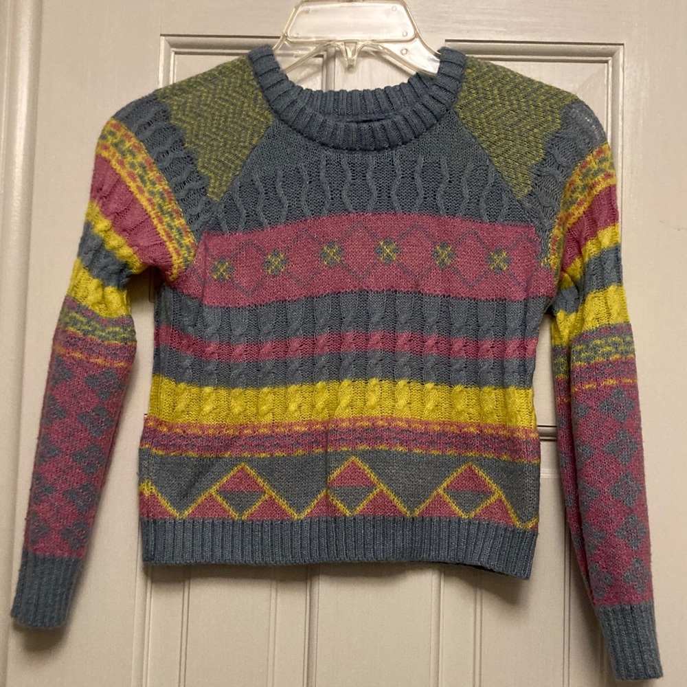 Girls Freshman Multicolor Fair Isle Crew Neck Sweater, size 8-10